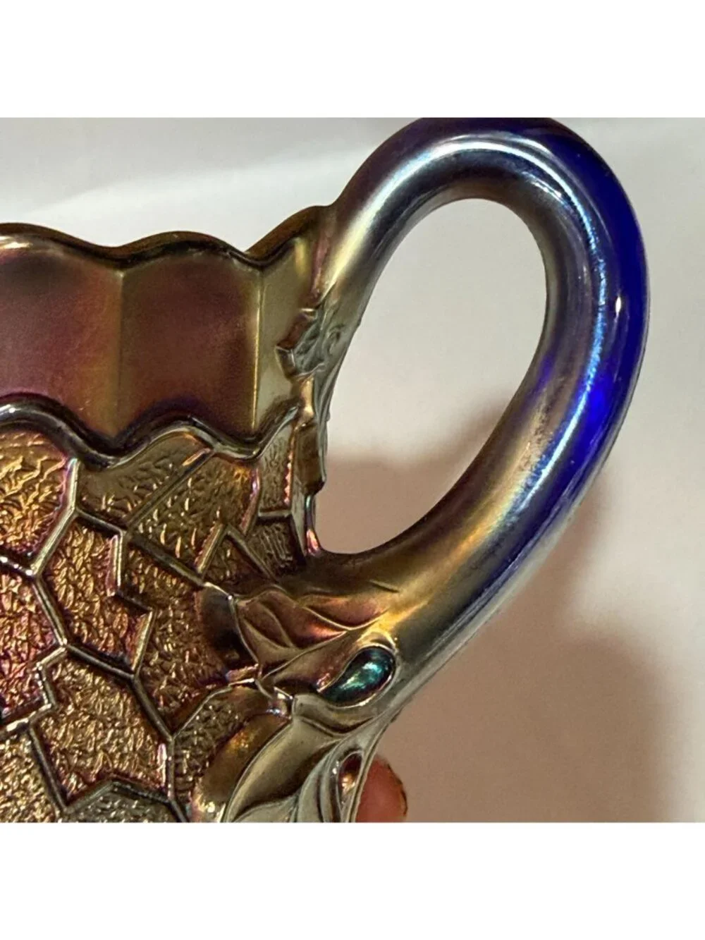 Vintage Dugan Carnival Glass Maple Leaf Iridescent Cobalt Blue Glass 4.5 Creamer